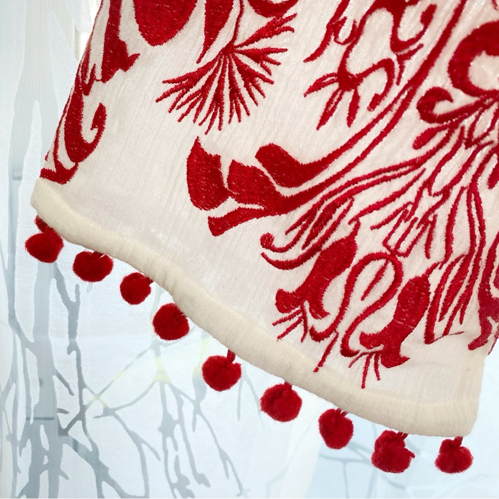 MISA WHITE RED EMBROIDERED SEVA CALIA POM POM TRIM TUNIC MAXI DRESS - Picture 7 of 11